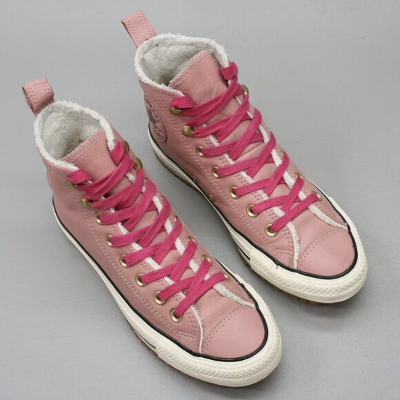 Converse Ladies 8.5 Chuck Taylor All Star Hiker Boots Pink Leather Sherpa Shoes - Picture 6 of 12